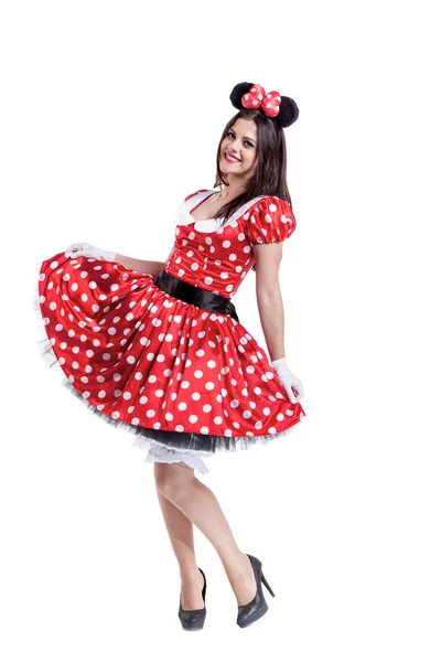 Beautiful girl happy smiling in the retro style costume of a mouse isolated on white — Stock Photo, Image