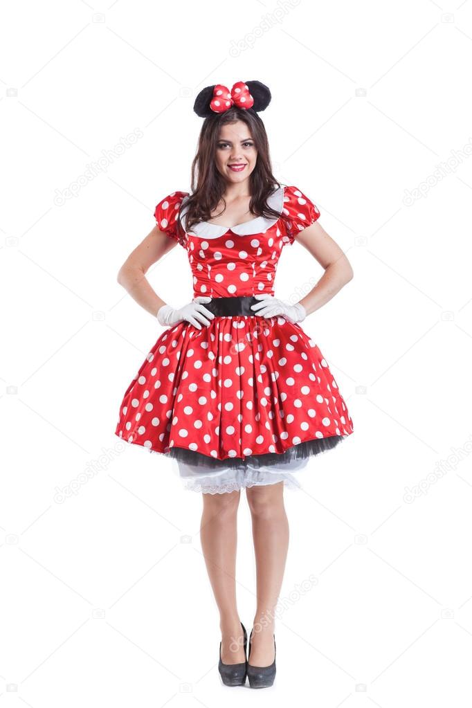 Beautiful girl happy smiling in the retro style costume of a mouse isolated on white