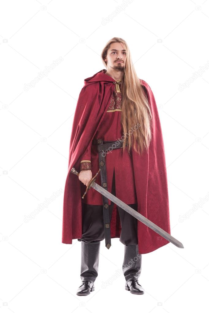 Medieval man knight with long hair and sword isolated on white