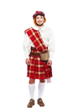 Scottish traditions concept with person wearing kilt isolated on white clipart