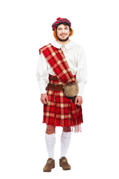 Scottish traditions concept with person wearing kilt isolated on white