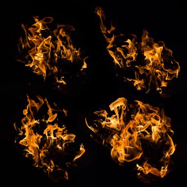 Real fire flames samples isolated on black