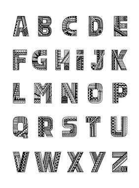 Geometrik desenli el çizimi süs alfabesi. Büyük harf desenli vektör seti.