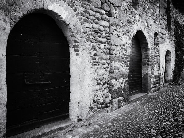Old closed wooden doors. Photo made in black and white