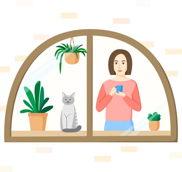 Mujer con taza de pie frente a la ventana. Niña, gato y plantas de la casa en ventana. Estancia en el concepto de casa en estilo plano. — Archivo Imágenes Vectoriales