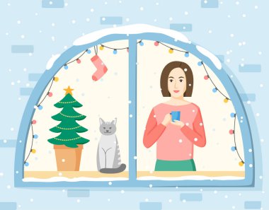 Noel illüstrasyonu. Kadın pencerenin önünde duruyor ve kar yağışı seyrediyor. Kız, kedi ve penceresinde lamba çelengi ve çorapla süslenmiş Noel ağacı. Kış tatili konsepti. Düz biçim vektörü