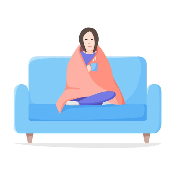 Sad alone woman sitting wrapped blanket on sofa. Depressed and tired girl with hot drink. Self isolation concept. Flat style vector. — Stock Vector