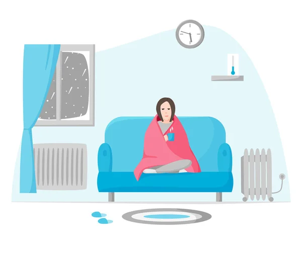 Mujer congelante en apartamento frío en invierno. Chica envuelta en manta se sienta en el sofá. El uso de radiador y calentador cuando el frío en el interior. Autoaislamiento en climas fríos depresivos. vector de estilo plano. — Vector de stock