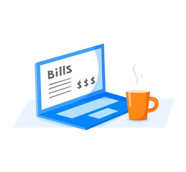 Sıcak içecekli defter ve bardak, internet üzerinden fatura ödeme, sabah rutini, düz vektör illüstrasyonu 