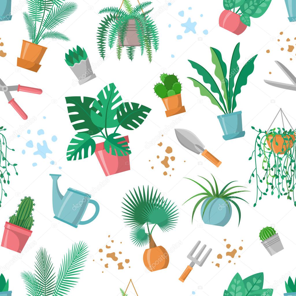 Seamless pattern with plants and garden tools, home plant repeated ornament, decoration for plant and gardening lover. Flowerpots, scissors, fork, trowel, watering pot, palm, cactus, fern. Flat vector