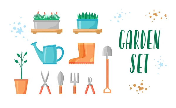 Garden tools and plants set. Gardening equipment and items collection for farm or yard. Rubber boots, scissors, shovel, fork, pruners. Flat vector illustration. - Stok Vektor