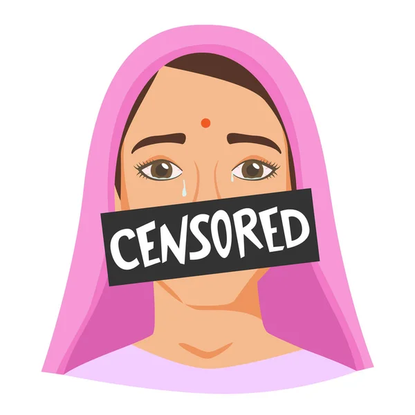 Mulher indiana chorando, mulher vítima de abuso doméstico e agressão, falando sobre o sofrimento de violência física e mental de gênero é censurada, má consciência sobre assédio. Vetor —  Vetores de Stock