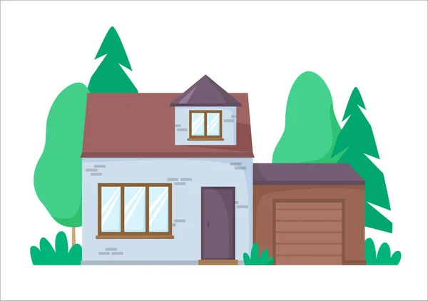 Кирпичный дом с гаражом. Хороший дом с зеленью на заднем плане. Плоская архитектура дизайна. Векторная иллюстрация — стоковый вектор