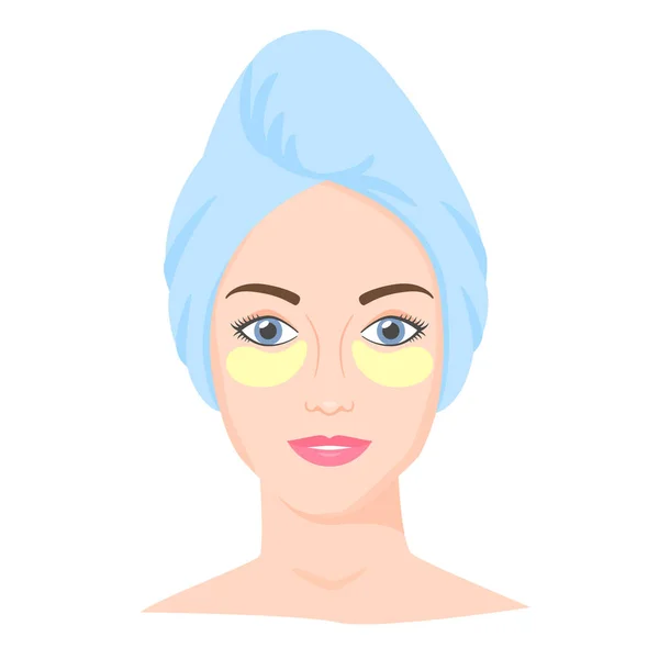 Junge weiße Frau mit Augenklappen und Handtuch auf dem Kopf. Pflegebehandlungen zu Hause. Kosmetische Augenpolster. Vektor — Stockvektor