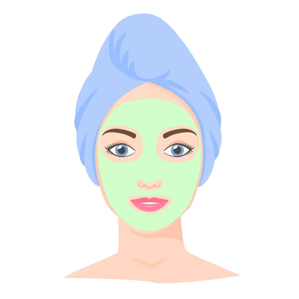 Mujer blanca joven con máscara cosmética y toalla en la cabeza. Procedimientos de cuidado de la piel en casa. Máscara cosmética de arcilla o lámina. Vector — Archivo Imágenes Vectoriales