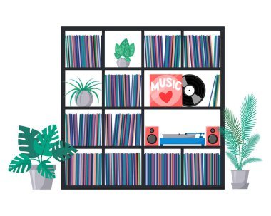 Vinil koleksiyonu pikaplı ve akustik sistemli raflarda. Kollu müzik plakları. Ev bitkileriyle iç içe. Vektör