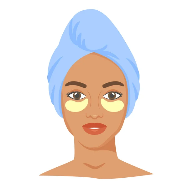 Junge schwarze Frau mit Augenklappen und Handtuch auf dem Kopf. Pflegebehandlungen zu Hause. Kosmetische Augenpolster. Vektor — Stockvektor