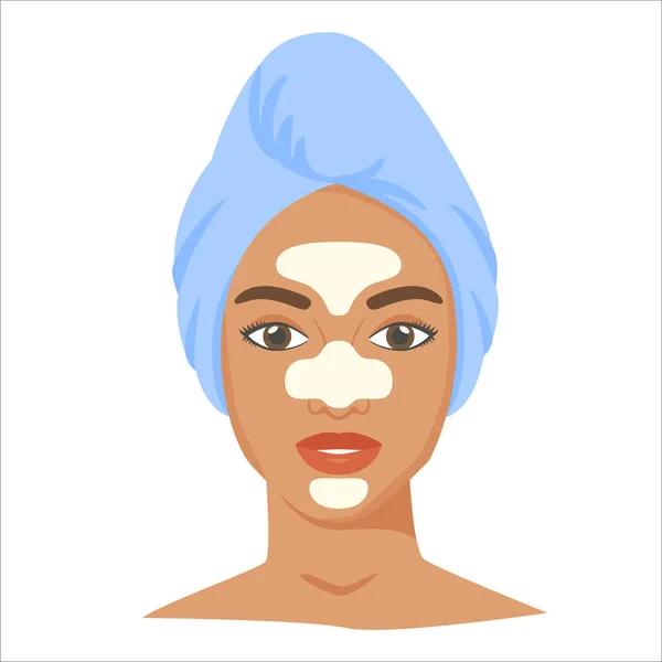Junge schwarze Frau mit T-Zonenstreifen und Handtuch auf dem Kopf. Pflegebehandlungen zu Hause. Kosmetikpflaster für Nase, Stirn und Kinn. Vektor — Stockvektor