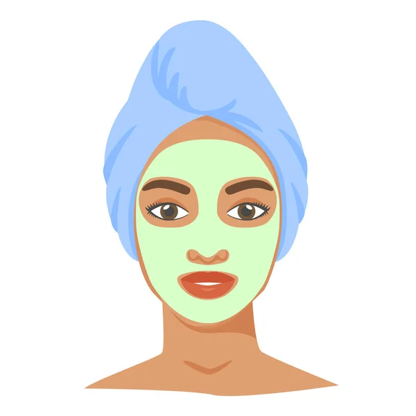 Kozmetik maskeli ve kafasında havlu olan genç siyah bir kadın. Evde cilt bakımı yapılıyor. Kozmetik kil ya da çarşaf maskesi. Vektör — Stok Vektör