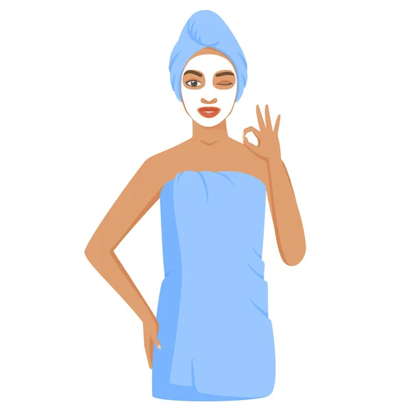 Banyodan ya da duştan sonra havluya sarılmış genç siyahi kadın. Kadın kozmetik kil ya da çarşaf maskesi kullanıyor. Cilt bakımı prosedürleri ve evde spa. Göz kırpan kadın iyi niyet gösteriyor. Vektör — Stok Vektör