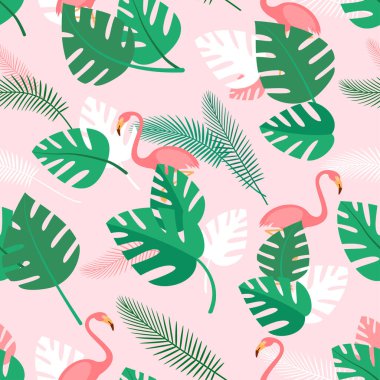 Tropikal bitkiler ve pembe flamingolarla kusursuz desen. Yeşil palmiye yapraklı yaz arkaplanı. Basit duvar kağıdı, vektör
