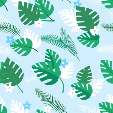 Tropikal bitkiler ve mavi ve beyaz çiçeklerle kusursuz desen. Yeşil palmiye yapraklı yaz arkaplanı. Basit vektör duvar kağıdı