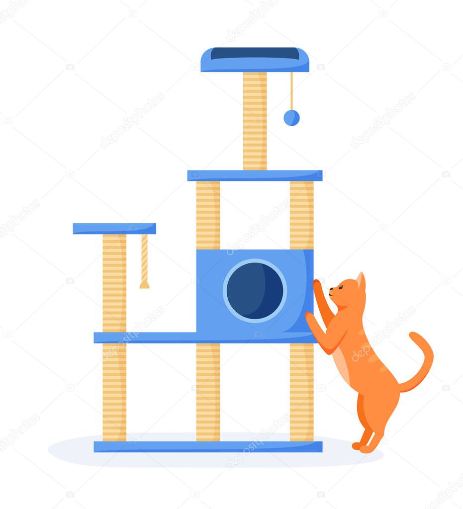 Cat tree or house with scratching posts. Cute red cat interested in cat tower and scratching it. Cat playground with claw sharpeners. Flat style vector 