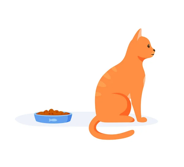 Gatto appiccicoso che si rifiuta di mangiare cibo nella ciotola. Il gatto domestico rosso è selettivo e perseverante. Pet non mangiare croccantini o cibo bagnato. Problemi con l'alimentazione degli animali. vettore di stile piatto — Vettoriale Stock