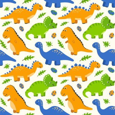 Şirin dinozorlar ve yumurtalarla kusursuz bir desen. El yapımı dinozorlar ve yeşil palmiye yaprakları olan çocuklar. Çocuklar için vektör duvar kağıdı.