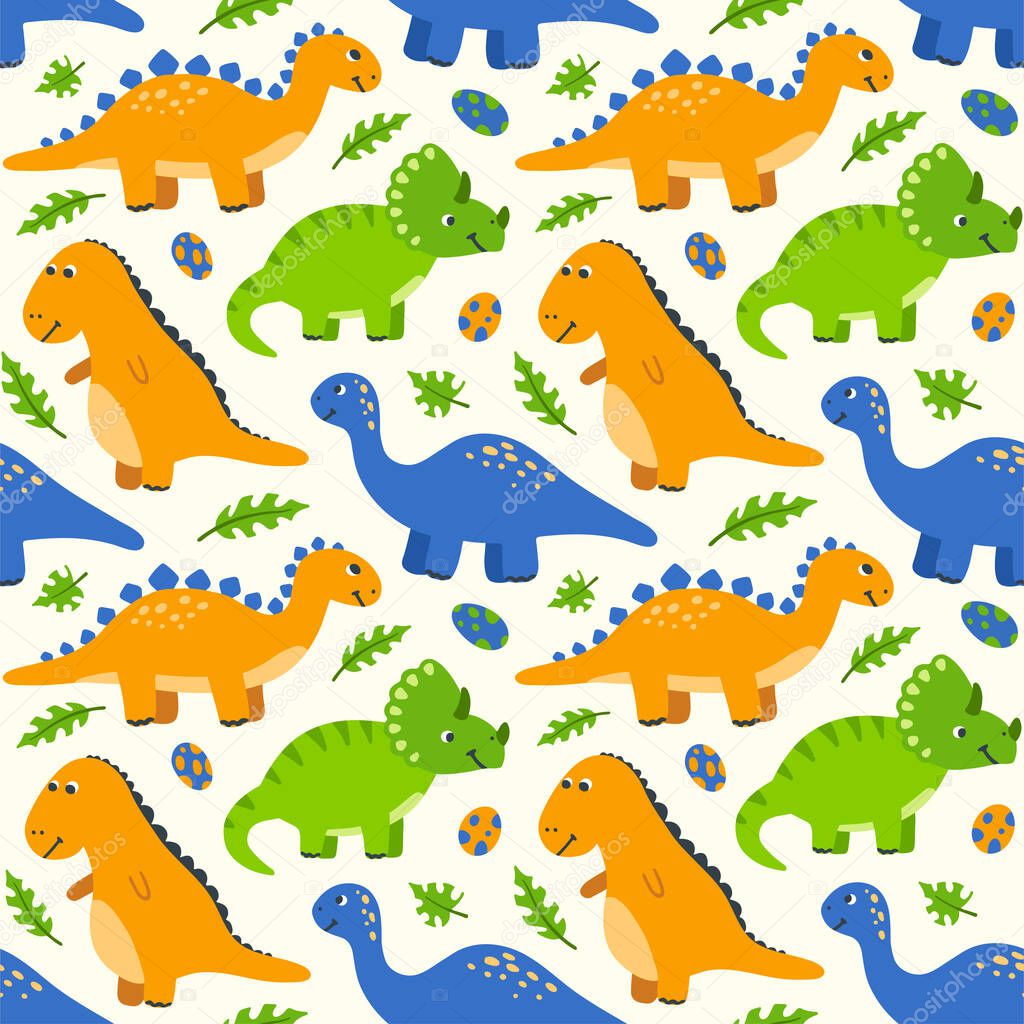 Seamless pattern with cute cartoon dinosaurs and eggs. Kids background with hand-drawn dinos and green palm leaves. Vector wallpaper for children.