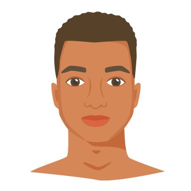 Siyah adam suratlı, saç tıraşlı. Düz bir erkek portresi. Ön manzara. Vektör