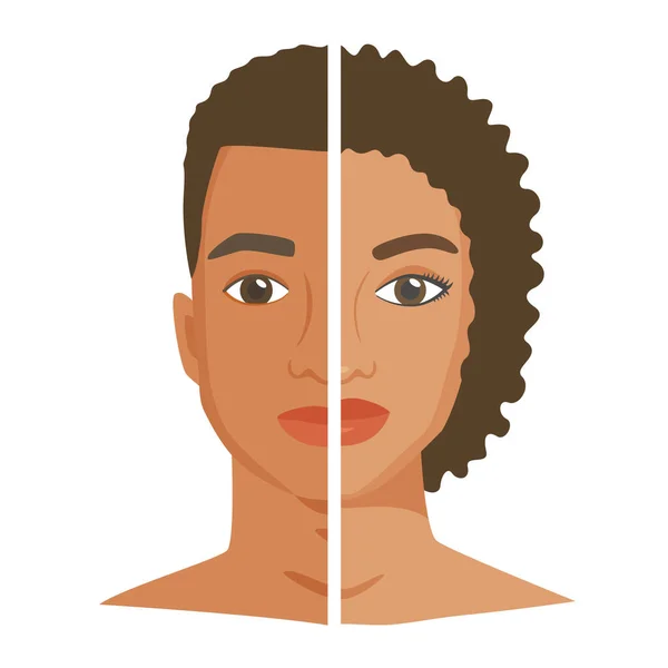 Siyah kadın ve erkek yüzünün yarıları. Erkekler ve kadınlar arasındaki benzerlik ve farklılık. Erkek kadına karşı muhalefet ya da sosyal önyargı. Kimlik araştırması ya da cinsiyet değiştirme olabilir. Düz biçim vektörü — Stok Vektör