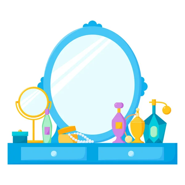 Öltözőasztal tükörrel, női boudoir kozmetikumokkal, parfümmel és ékszerdobozzal. Vektor illusztráció lapos stílusban — Stock Vector