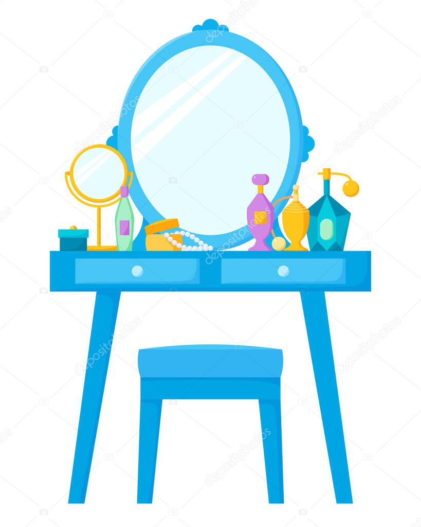 Dressing table with mirror and chair, female boudoir with cosmetics, perfume bottles and jewellery box. Vanity table. Vector illustration in flat style