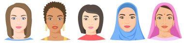 Farklı ırktan, ırktan ve görünüşden kadınlar. Beyaz, siyah, Asyalı, Arap, Hintli kadın yüzleri düz stil. Vektör koleksiyonu