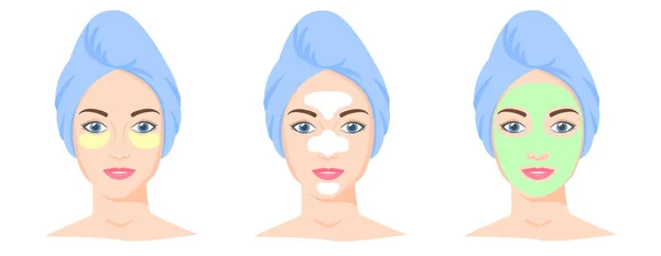 Diferentes productos cosméticos conjunto. Tiras en la zona T, máscara de arcilla o lámina, parches para los ojos. Mujer con toalla en la cabeza. Vector — Vector de stock