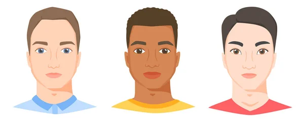 Muži s odlišnou etnickou příslušností, rasou a vzhledem. Bílé, černé a asijské mužské tváře v plochém stylu. Vektor — Stockový vektor