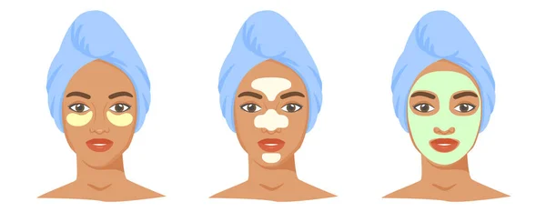 異なる化粧品セット。Tゾーンストリップ、粘土やシートマスク、アイパッチ。頭にタオルを着た黒人女性。ベクトル — ストックベクタ