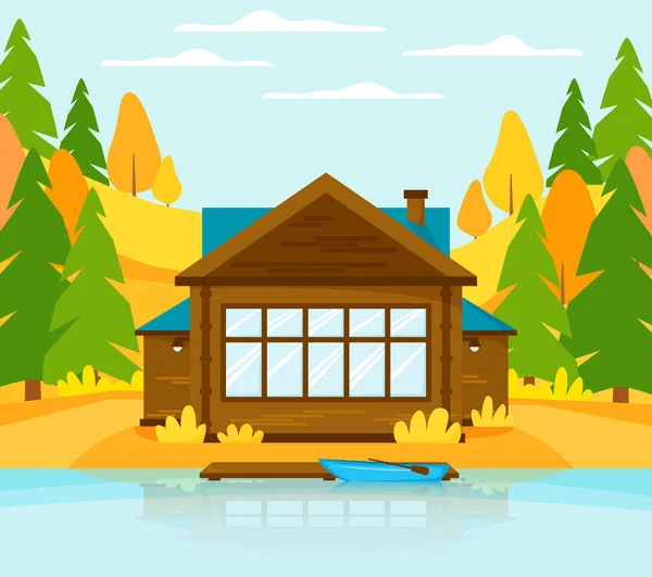 Casetta in legno sul lago o sul fiume con molo. Casa vacanze in paesaggio autunnale con colline e bosco. Barca vicino al molo. Vettore — Vettoriale Stock