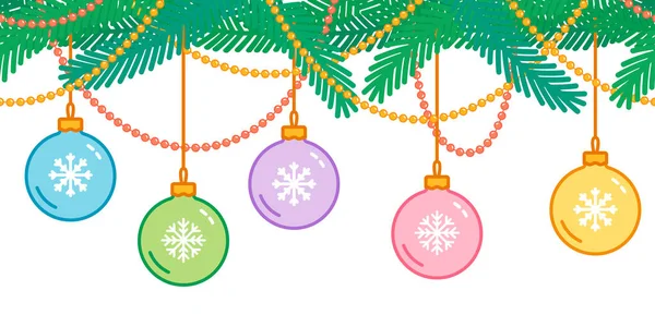 Décoration de Noël et Nouvel An, guirlande de sapin de Noël répétée avec boules et perles, motif horizontal, vecteur — Image vectorielle