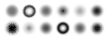 Yarıton radyal eğim kümesi. Noktalı doku yuvarlak desenler. Çizgi roman solmuş çemberler arka plan koleksiyonu. Çerçeve, poster, kolaj, afiş ve broşür için soyut pikselleştirilmiş elementler. Vektör karikatür paketi