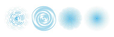 Blue radial concentric circle set. Ripped, dashed and dotted rings for epicenter, target, radar, tsunami, earthquake symbol. Sound wave signal collection. Vector rippled expansive vibration elements