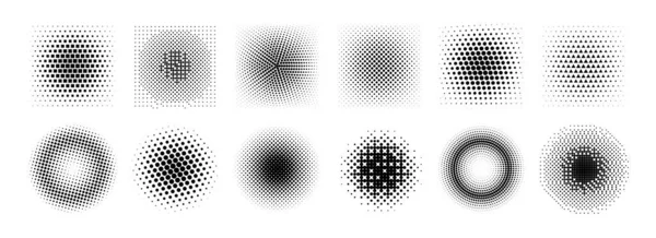 Halftone radial gradient collection. Dotted textured round and square patterns. Cartoon faded background set. Pixelated bitmap element pack for frame, poster, collage, banner. Vector comic bundle