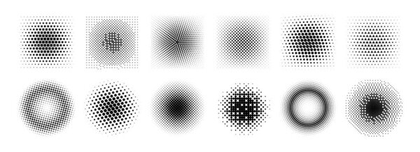 Halftone radial gradient collection. Dotted textured round and square patterns. Cartoon faded background set. Pixelated bitmap element pack for frame, poster, collage, banner. Vector comic bundle