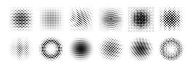 Halftone gradient collection. Dotted textured round and square patterns. Cartoon faded background set. Pixelated bitmap element pack for frame, poster, collage, banner. Vector comic bundle