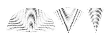 Noktalı ses dalgası sinyali ayarlandı. Radyal radyo ya da müzik ikonu koleksiyonu. Dalgalanan radar titreşim elemanı tabela paketi. Siyah kıvrımlı itici güç paketi. Eko ses dalgası sembolleri. Vektör illüstrasyonu