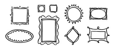 Çizilmiş resim çerçeve seti. El çizimi fotoğraf ve resim sınır koleksiyonu. 9 karalanmış sanat çerçevesi düzenleme. Çizilmiş ruh hali kolajı şablonu. Hafıza duvarı kompozisyonu fikri. Vektör