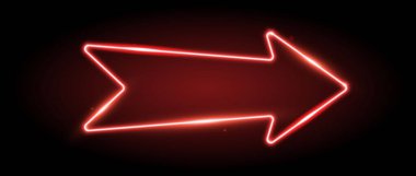 Kırmızı neon ok elementi. Işık saçan yön işareti. Ok ucu şeklindeki lambayı parlat. Pankart, poster, logo için parlak floresan işaretleyici etkisi. Vektör neon öncü ışık çizimi