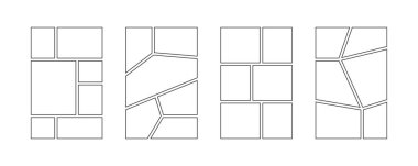 Çizgi roman çerçevesi hazır. Pop sanat şablonu kılavuz sayfası koleksiyonu. Boş resim kolajı düzenleme paketi. Ruh hali kurul fikirleri. Fotoğraf, poster, manga modeli için çizim tahtası tasarımı. Vektör