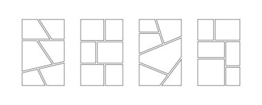 Çizgi roman çerçevesi koleksiyonu. Pop sanat şablonu kılavuz sayfası ayarlandı. Boş resim kolajı düzenleme paketi. Ruh hali kurul fikirleri. Fotoğraf, poster, manga modeli için Storyboard tasarım paketi. Vektör